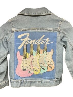 Fender Electric Guitar Upcycled Denim Jacket Unisex 7 Band Grunge 80s